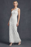 White One Shoulder Sheath Long Wedding Dress with Appliques