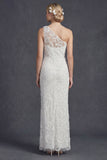 White One Shoulder Sheath Long Wedding Dress with Appliques