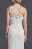 White One Shoulder Sheath Long Wedding Dress with Appliques