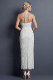 Sheath Halter White Long Wedding Dress with Ruffles