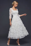 White A Line 3/4 Sleeves Long Wedding Dress with 3D Flowers