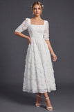 White A Line 3/4 Sleeves Long Wedding Dress with 3D Flowers