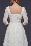 White A Line 3/4 Sleeves Long Wedding Dress with 3D Flowers