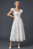 White 3D Flowers A Line Square Neck Long Wedding Dress with Flutter Sleeves