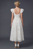 White 3D Flowers A Line Square Neck Long Wedding Dress with Flutter Sleeves