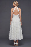 Halter A Line White 3D Flowers Long Wedding Dress