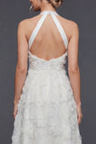 Halter A Line White 3D Flowers Long Wedding Dress