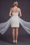 White Bodycon 3D Flowers Spaghetti Straps Short Wedding Dress with Streamer