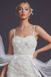 White Bodycon 3D Flowers Spaghetti Straps Short Wedding Dress with Streamer