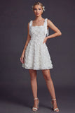 White Bow Straps A Line Short Wedding Dress with 3D Flowers
