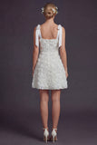 White Bow Straps A Line Short Wedding Dress with 3D Flowers