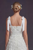 White Bow Straps A Line Short Wedding Dress with 3D Flowers