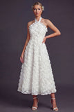 White A Line Halter 3D Flowers Long Wedding Dress
