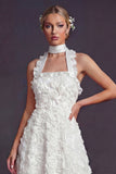 White Halter Cut Out A Line Long Wedding Dress with 3D Flowers