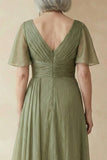 Dusty Sage A Line Ruched Mother of the Bride Dress with Short Sleeves
