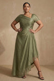 Dusty Sage Short Sleeves Ruched A Line Plus Size Mother Of The Bride Dress
