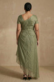 Dusty Sage Short Sleeves Ruched A Line Plus Size Mother Of The Bride Dress