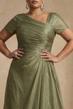 Dusty Sage Short Sleeves Ruched A Line Plus Size Mother Of The Bride Dress