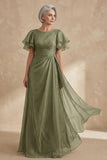 A Line Dusty Sage Boat Neck Ruched Mother of the Bride Dress with Ruffle Sleeves