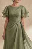 A Line Dusty Sage Boat Neck Ruched Mother of the Bride Dress with Ruffle Sleeves