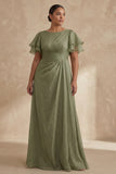 A Line Dusty Sage Boat Neck Plus Size Mother Of The Bride Dress with Ruffle Sleeves