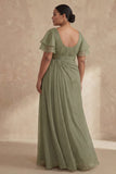 A Line Dusty Sage Boat Neck Plus Size Mother Of The Bride Dress with Ruffle Sleeves