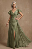 Dusty Sage A Line Flutter Sleeves Ruched Mother of the Bride Dress with Slit