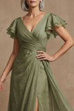 Dusty Sage A Line Flutter Sleeves Ruched Mother of the Bride Dress with Slit