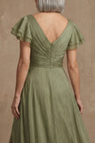 Dusty Sage A Line Flutter Sleeves Ruched Mother of the Bride Dress with Slit