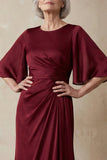 Red Satin Sheath Round Neck Mother of the Bride Dress with Half Sleeves