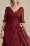 Red V-Neck A Line Half Sleeves Mother of the Bride Dress
