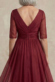 Red V-Neck A Line Half Sleeves Mother of the Bride Dress