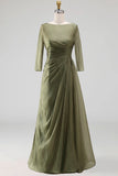 Dusty Sage Ruched A Line Boat Neck Long Mother of the Bride Dress