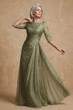 Dusty Sage Ruched A Line Boat Neck Long Mother of the Bride Dress