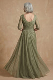 Dusty Sage Ruched A Line Boat Neck Long Mother of the Bride Dress