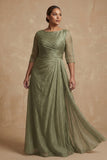 Dusty Sage Ruched A Line Half Sleeves Plus Size Mother Of The Bride Dress