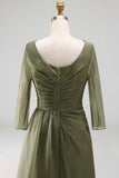 Dusty Sage Ruched A Line Boat Neck Long Mother of the Bride Dress