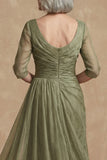 Dusty Sage Ruched A Line Boat Neck Long Mother of the Bride Dress