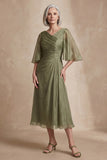 Dusty Sage A Line Pleated Half Sleeves Midi Mother of the Bride Dress