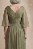 Dusty Sage A Line Pleated Half Sleeves Midi Mother of the Bride Dress