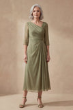 A Line Dusty Sage Ruched V-Neck Midi Mother of the Bride Dress
