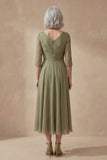 A Line Dusty Sage Ruched V-Neck Midi Mother of the Bride Dress