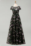 Black A-Line Floral Round Neck Long Mother Of the Bride Dress with Sequins
