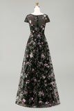 Black A-Line Floral Round Neck Long Mother Of the Bride Dress with Sequins