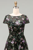 Black A-Line Floral Round Neck Long Mother Of the Bride Dress with Sequins