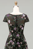 Black A-Line Floral Round Neck Long Mother Of the Bride Dress with Sequins
