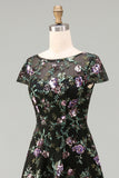 Black A-Line Floral Round Neck Long Mother Of the Bride Dress with Sequins