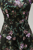 Black A-Line Floral Round Neck Long Mother Of the Bride Dress with Sequins