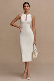 White Sheath Cut Out Round Neck Midi Satin Engagement Dress