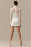 Lace Bodycon High Neck Little White Dress with Long Sleeves